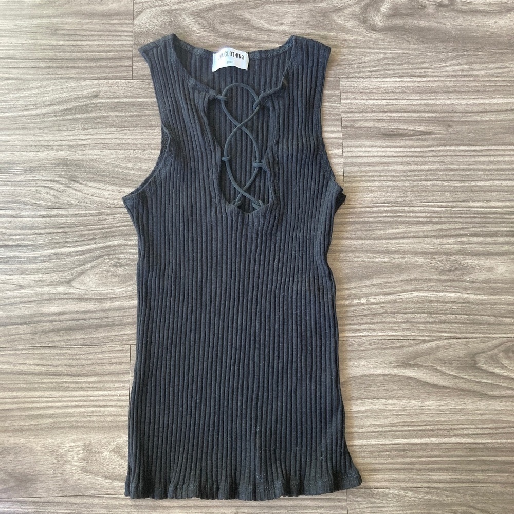 LNA Clothing Black Ribbed Lace Front Top in Small
